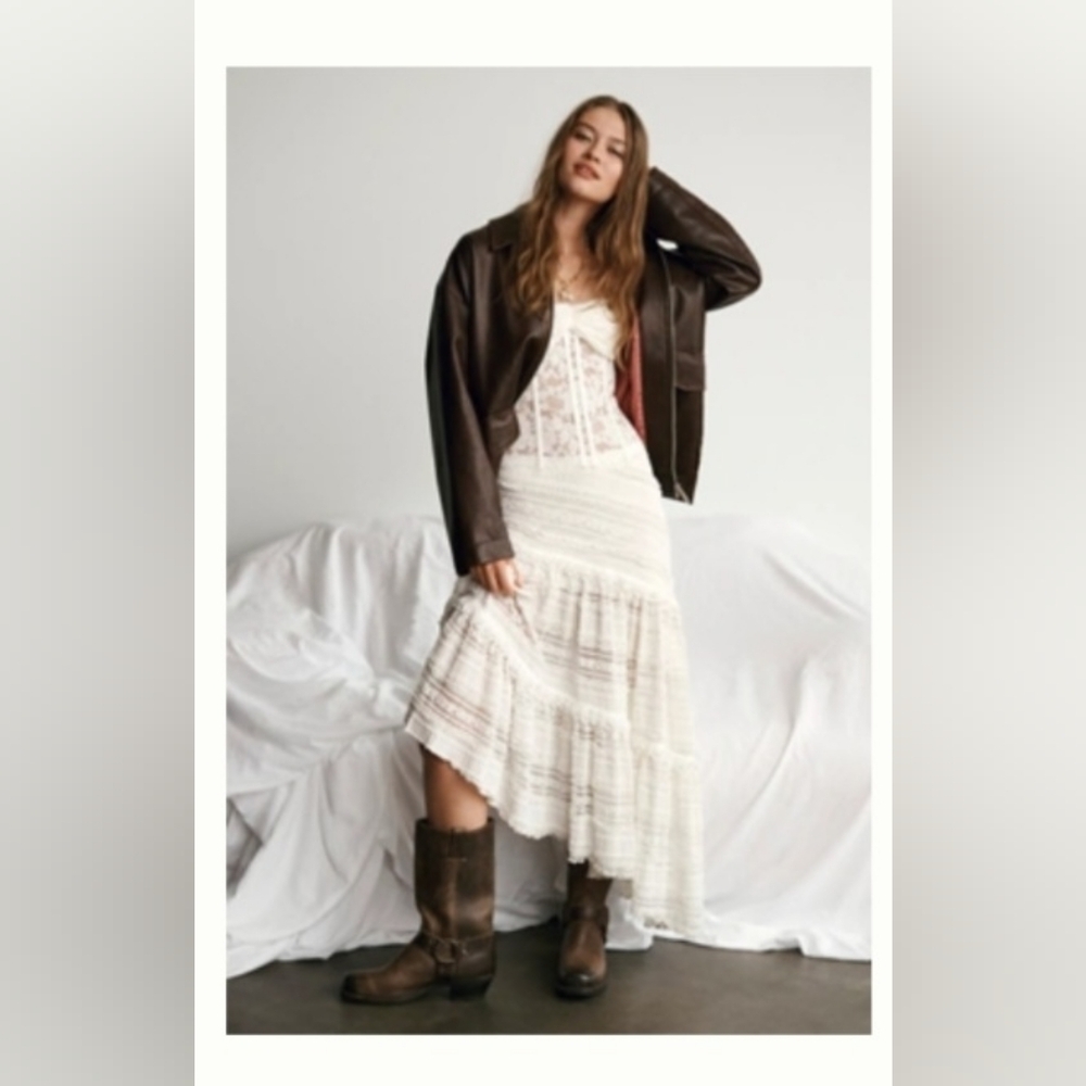 Anthropologie White Tiered Lace Midi Dress Strapless